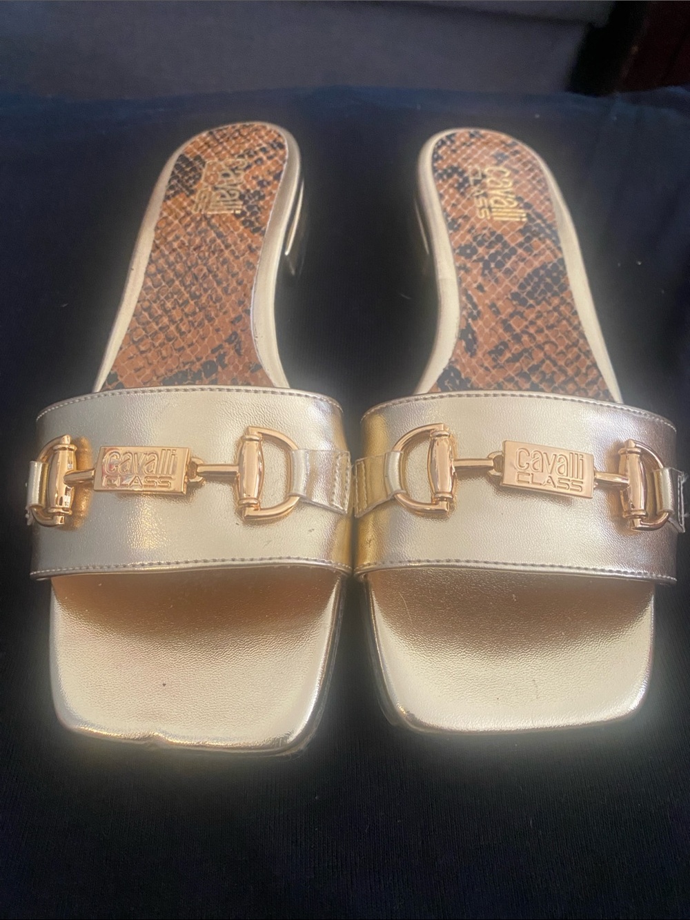 Cavalli Class Metallic Gold Slide Mules with Logo Hardware